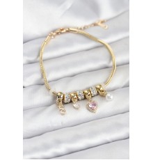 Pirinç Gold Renk Pembe Kalp Charmlı Kadın Bileklik