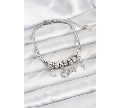 Pirinç Gümüş Renk Kelebek Charmlı Kadın Bileklik