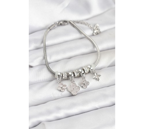 Pirinç Gümüş Renk Yonca Model Kadın Bileklik