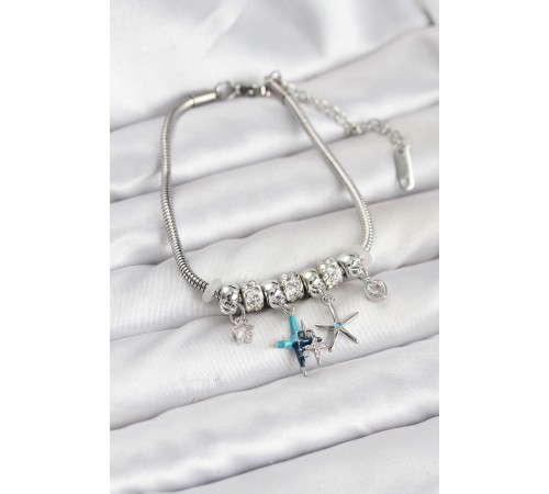 Pirinç Gümüş Renk Yıldız Model Charmlı Kadın Bileklik