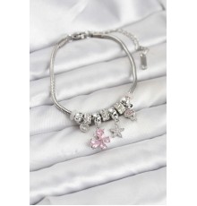 Pirinç Gümüş Renk Pembe Kelebek Charmlı Kadın Bileklik