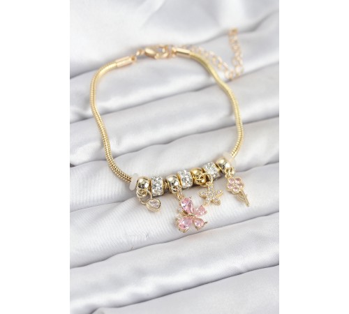 Pirinç Gold Renk Pembe Kelebek Charmlı Kadın Bileklik