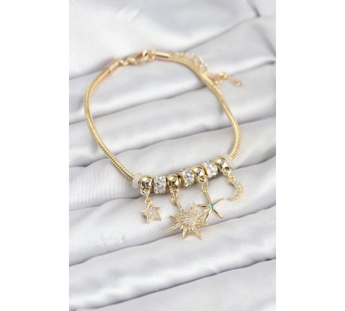 Pirinç Gold Renk Güneş Tema Charmlı Kadın Bileklik