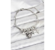 Pirinç Gümüş Renk Kaplan Model Charmlı Kadın Bileklik