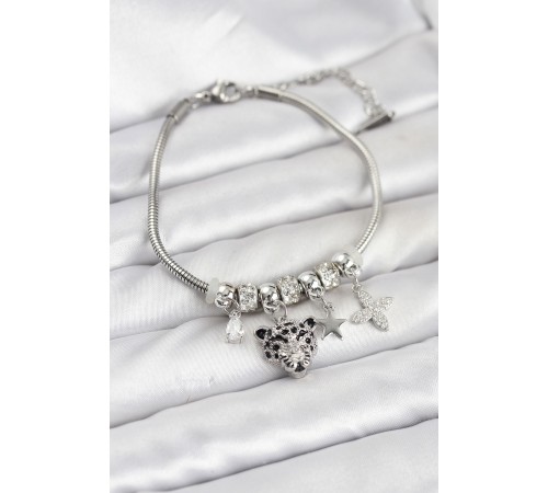 Pirinç Gümüş Renk Kaplan Model Charmlı Kadın Bileklik