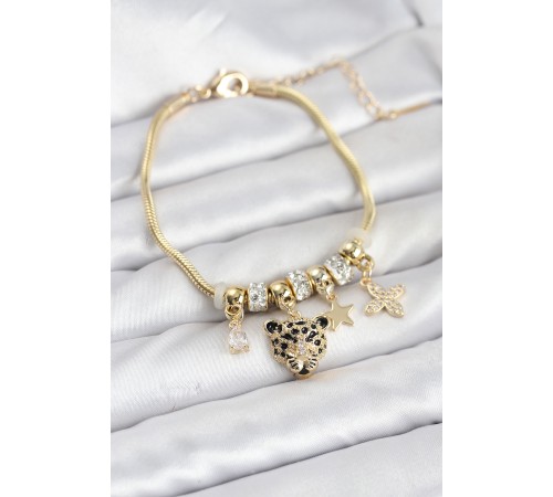 Pirinç Gold Renk Kaplan Model Charmlı Kadın Bileklik