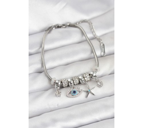 Pirinç Gümüş Renk Göz Model Charmlı Kadın Bileklik