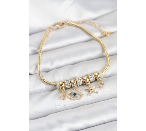 Pirinç Gold Renk Göz Model Charmlı Kadın Bileklik