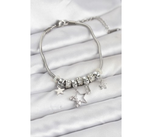Gümüş Renk Pirinç Yıldız Model Charmlı Kadın Bileklik
