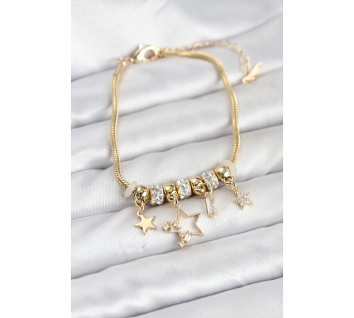 Gold Renk Pirinç Yıldız Model Charmlı Kadın Bileklik