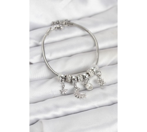 Pirinç Gümüş Renk Ay Charm Model Charmlı Kadın Bileklik