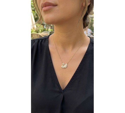 316L Çelik Zincir Altın Renk Zirkon Taşlı Kuğu Kolye