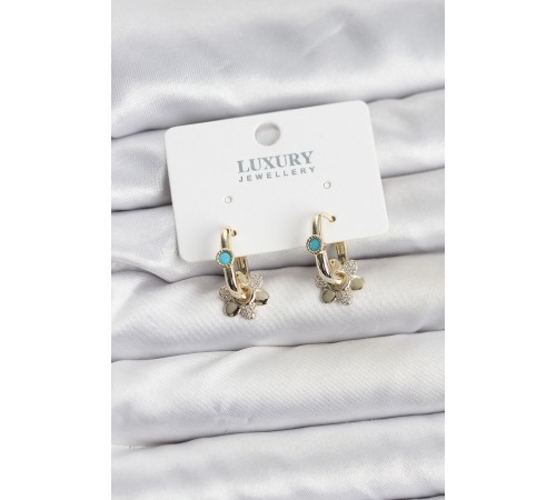 Mavi Taş Detaylı Pirinç Gold Renk Kadın Göçmen Küpesi