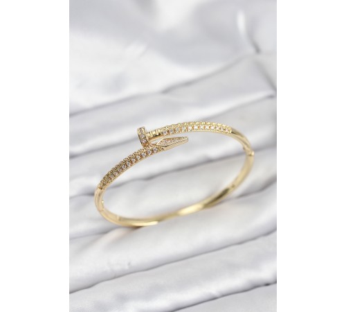 Pirinç Gold Renk Zirkon Taşlı Çivi Model Kadın Kelepçe Bileklik