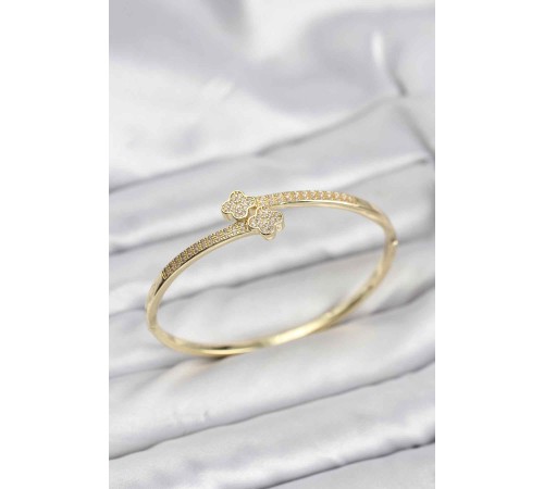 Pirinç Gold Renk Zirkon Taşlı Yonca Model Kadın Kelepçe Bileklik