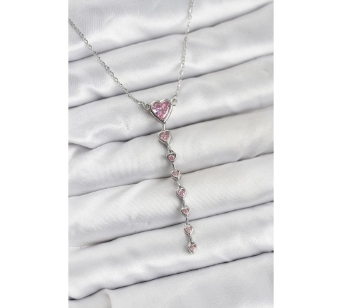 316L Çelik Zincir Gümüş Renk Pembe Kalp Kadın Kolye