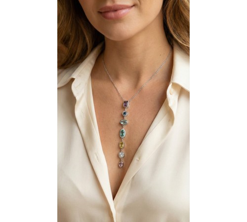 Pirinç Renkli Zirkon Taşlı Model Gümüş Renk 7 Element Kadın Y Kolye