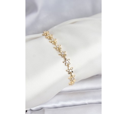 Pirinç Gold Renk VIP Seri Sıralı Taşlı Yıldız Model Zirkon Taşlı Kadın Bileklik
