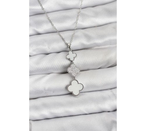 316L Çelik Zincir Gümüş Renk Yonca Detaylı Zirkon Taşlı Kadın Kolye