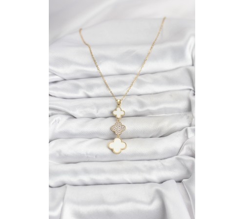 316L Çelik Zincir Gold Renk Yonca Detaylı Zirkon Taşlı Kadın Kolye