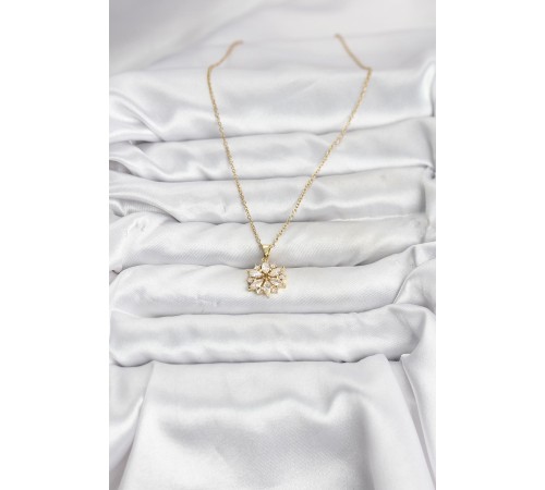 316L Çelik Zincir Gold Renk Lotus Model Zirkon Taşlı Kadın Kolye
