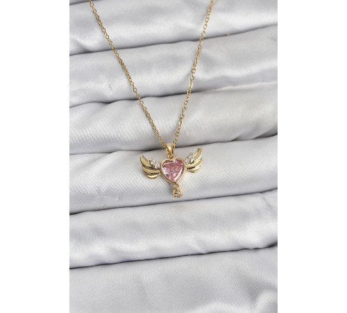 316L Çelik Zincir Gold Renk Kanatlı Kalp Model Zirkon Taşlı Kadın Kolye