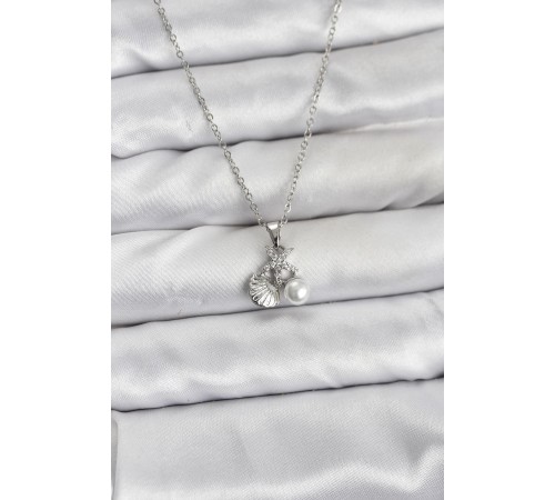 316L Çelik Zincir Gümüş Renk Deniz Kabuğu ve Deniz Yıldızı Model Zirkon Taşlı Kadın Kolye