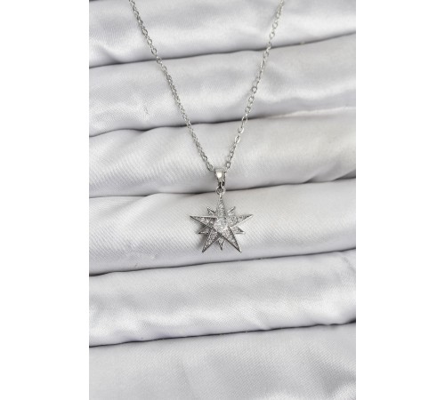 316L Çelik Zincir Gümüş Renk Yıldız Model Zirkon Taşlı Kadın Kolye
