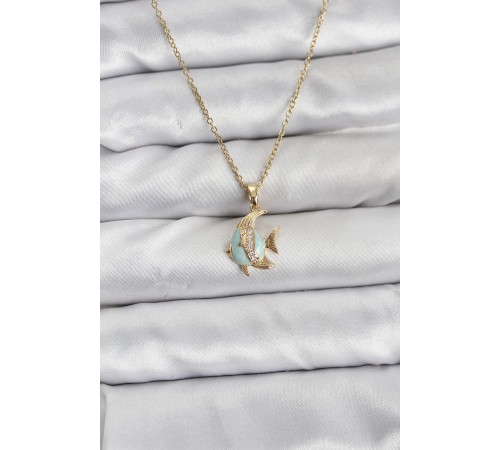 316L Çelik Zincir Gold Renk Balık Model Zirkon Taşlı Kadın Kolye