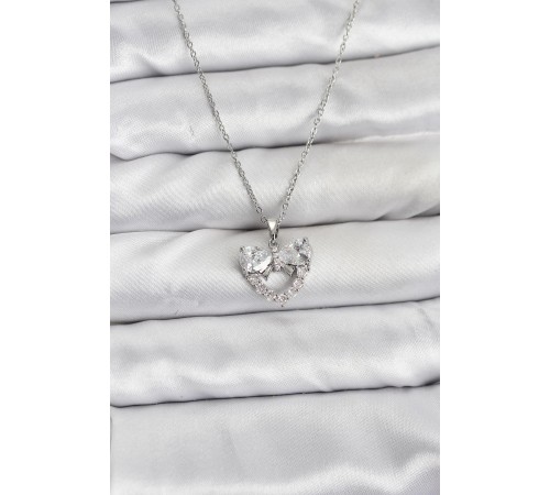 316L Çelik Zincir Gümüş Renk Kalp ve Fiyonk Model Zirkon Taşlı Kadın Kolye