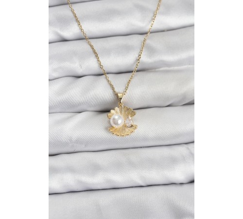 316L Çelik Zincir Gold Renk İstiridye İnci Model Zirkon Taşlı Kadın Kolye
