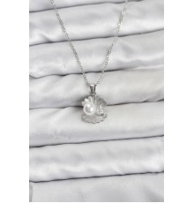 316L Çelik Zincir Gümüş Renk İstiridye İnci Model Zirkon Taşlı Kadın Kolye