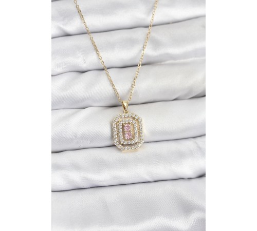 316L Çelik Zincir Gold Renk Plaka Model Zirkon Taşlı Kadın Kolye