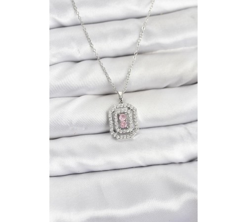 316L Çelik Zincir Gümüş Renk Plaka Model Zirkon Taşlı Kadın Kolye