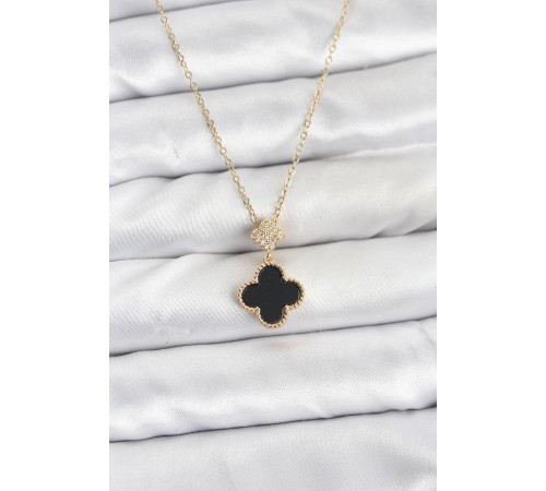 316L Çelik Zincir Gold Renk Yonca Model Zirkon Taşlı Kadın Kolye