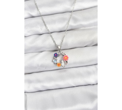 316L Çelik Zincir Gümüş Renk Çiçekli Kedili Model Kadın Kolye