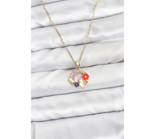 316L Çelik Zincir Gold Renk Çiçekli Kedili Model Kadın Kolye