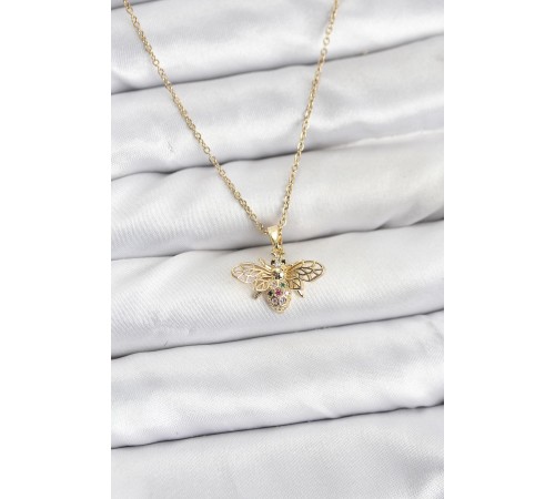 316L Çelik Zincir Gold Renk Sinek Model Zirkon Taşlı Kadın Kolye