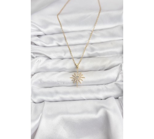 316L Çelik Zincir Gold Renk Kutup Yıldızı Model Zirkon Taşlı Kadın Kolye