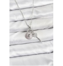 316L Çelik Zincir Gümüş Renk Kilit Anahtar Model Zirkon Taşlı Kadın Kolye