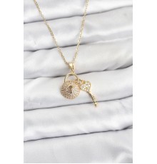 316L Çelik Zincir Gold Renk Kilit Anahtar Model Zirkon Taşlı Kadın Kolye
