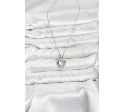 316L Çelik Zincir Gümüş Renk Kalp Model Zirkon Taşlı Kadın Kolye