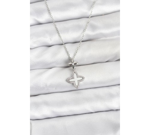 316L Çelik Zincir Gümüş Renk 4 Yapraklı Yonca Model Zirkon Taşlı Kadın Kolye