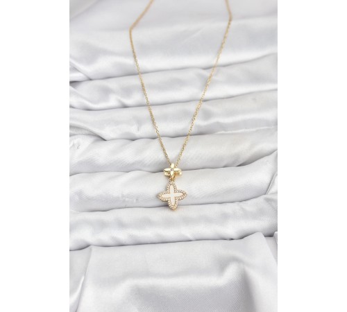 316L Çelik Zincir Gold Renk 4 Yapraklı Yonca Model Zirkon Taşlı Kadın Kolye