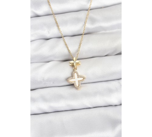 316L Çelik Zincir Gold Renk 4 Yapraklı Yonca Model Zirkon Taşlı Kadın Kolye