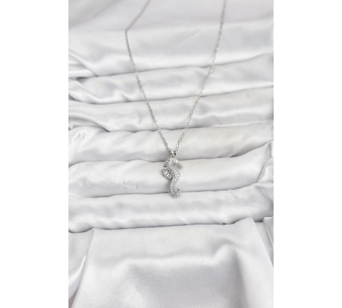 316L Çelik Zincir Gümüş Renk Deniz Atı Model Zirkon Taşlı Kadın Kolye