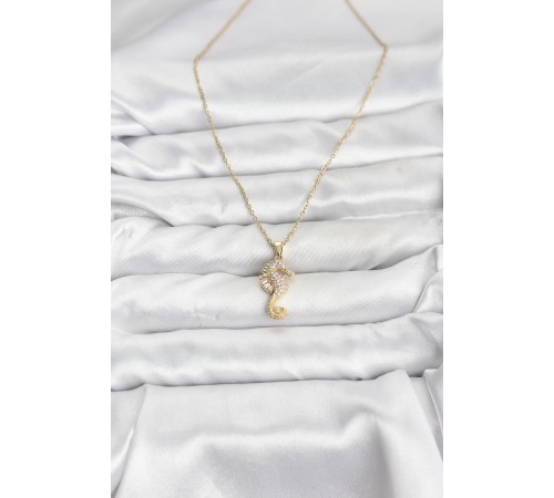 316L Çelik Zincir Gold Renk Deniz Atı Model Zirkon Taşlı Kadın Kolye