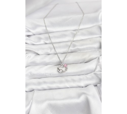 316L Çelik Zincir Gümüş Renk Pembe Taş Detaylı Çelenk Model Kadın Kolye