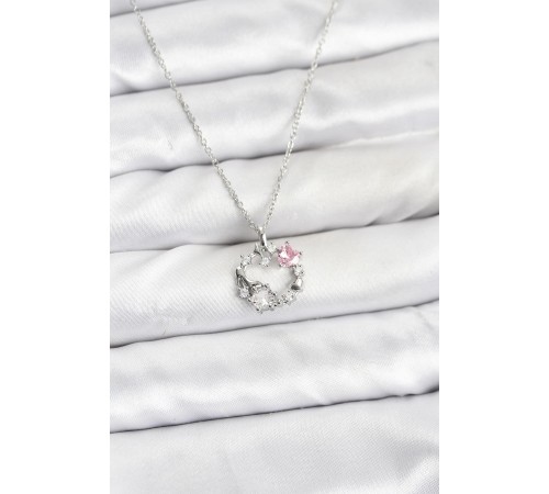 316L Çelik Zincir Gümüş Renk Pembe Taş Detaylı Çelenk Model Kadın Kolye
