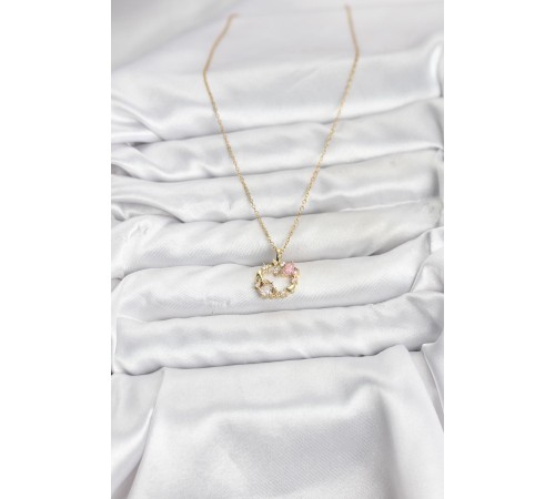 316L Çelik Zincir Gold Renk Pembe Taş Detaylı Çelenk Model Kadın Kolye